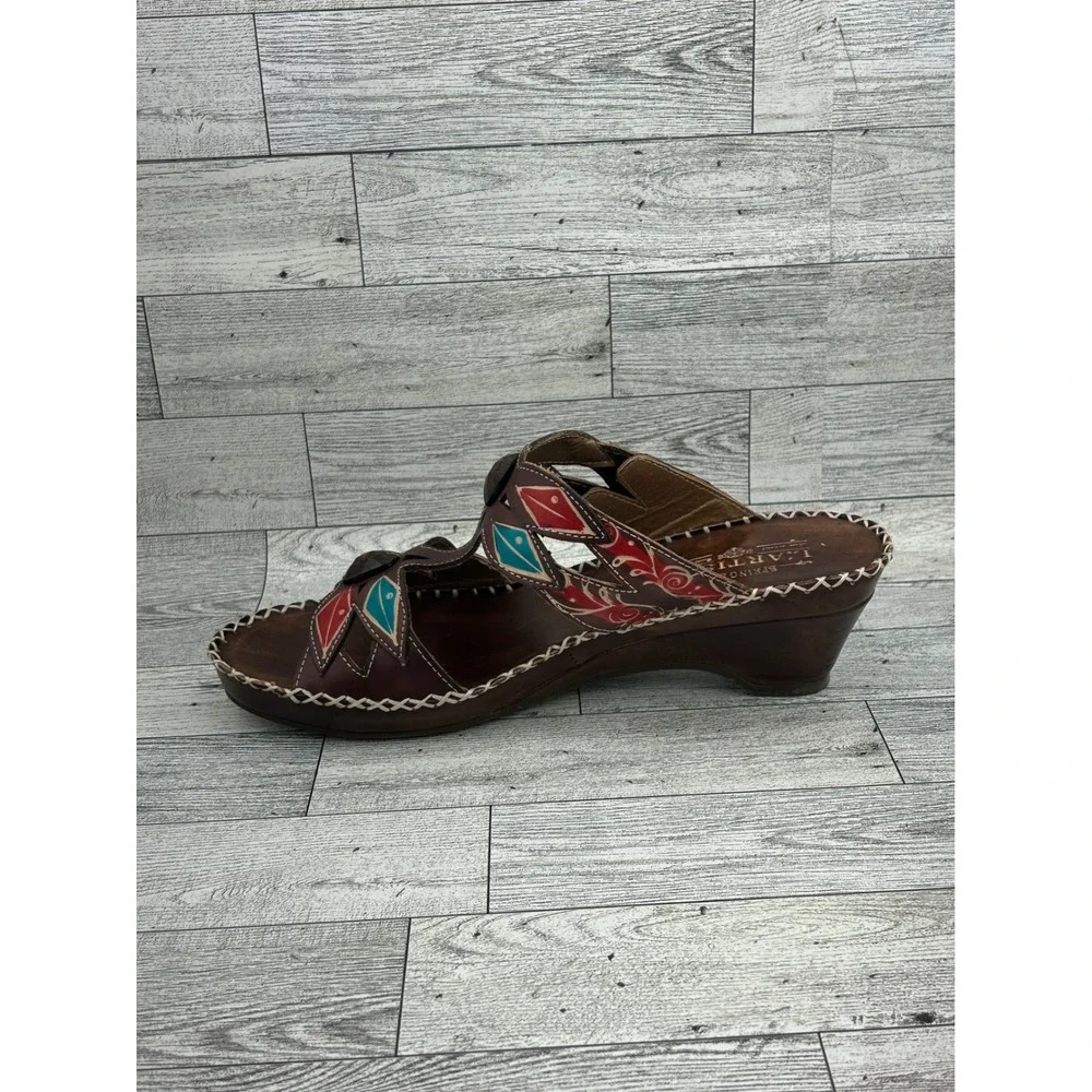 L Artiste Spring Step Sorriso‎ Brown Leather Wedge Sandals Hand Painted Women 39